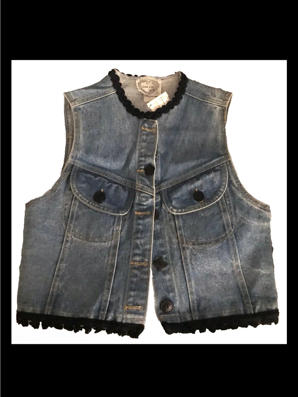 LOVE LIES Girls JRS Sz S Blue Denim Vest Rope Braid like Trim Variety Buttons